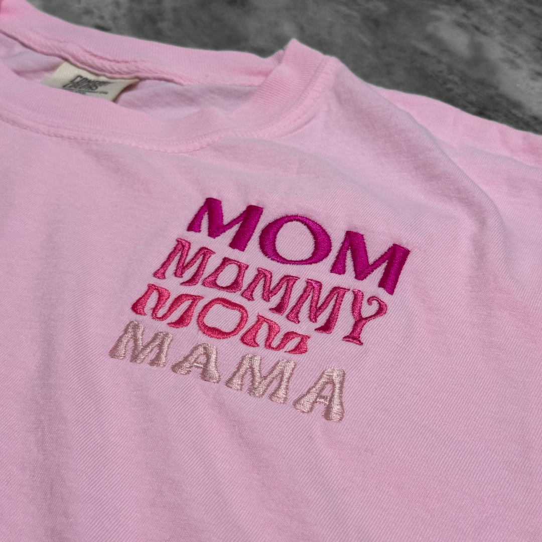 Stacked Mom Embroidered T-Shirt Baby Pink