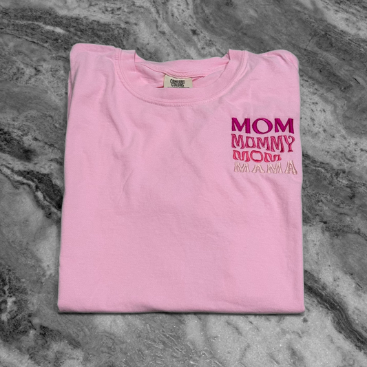 Stacked Mom Embroidered T-Shirt Baby Pink