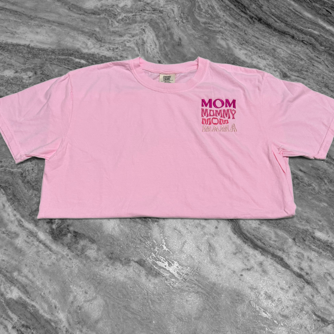Stacked Mom Embroidered T-Shirt Baby Pink