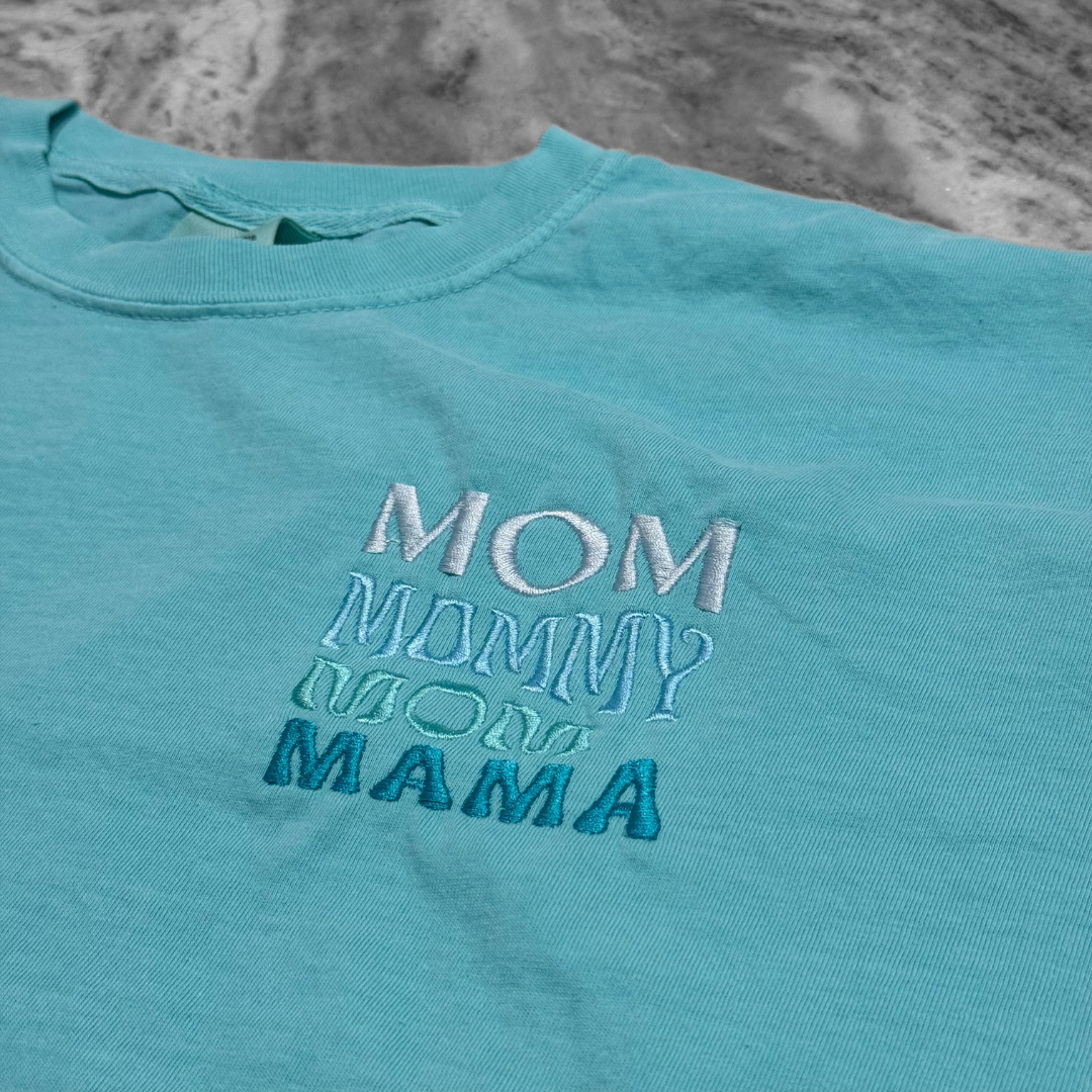 Stacked Mom Embroidered T-Shirt Aqua Blue