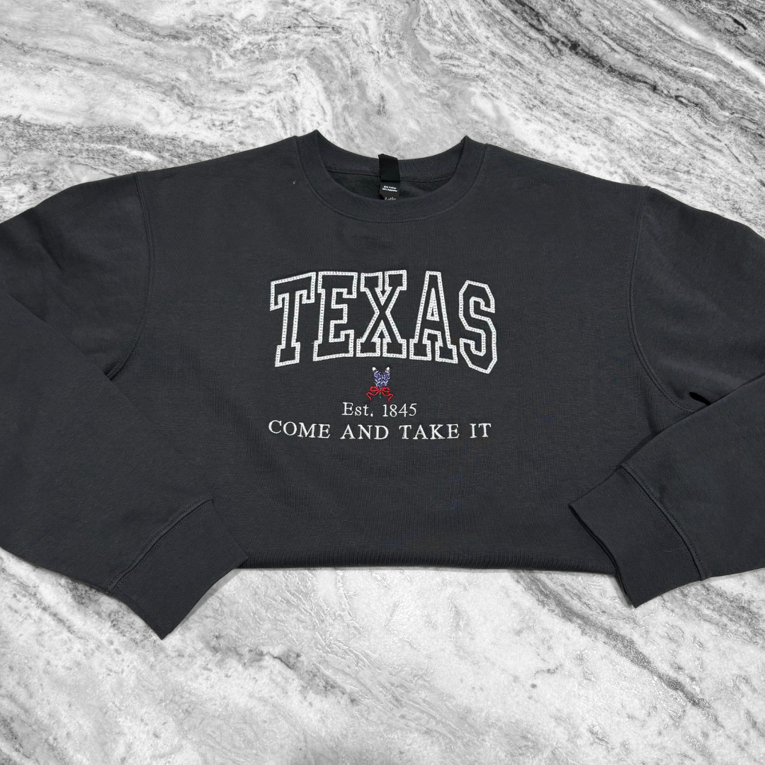 Texas Bluebonnet Charcoal Gray Embroidered Crew