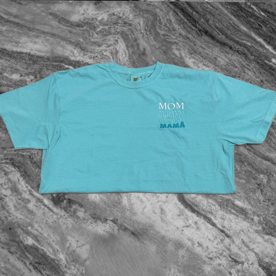 Stacked Mom Embroidered T-Shirt Aqua Blue