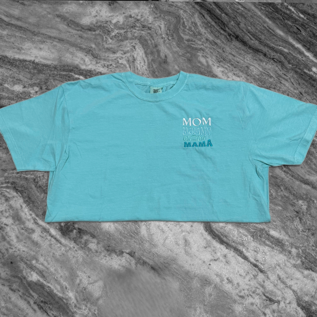 Mom Embroidered T-Shirt Aqua Blue