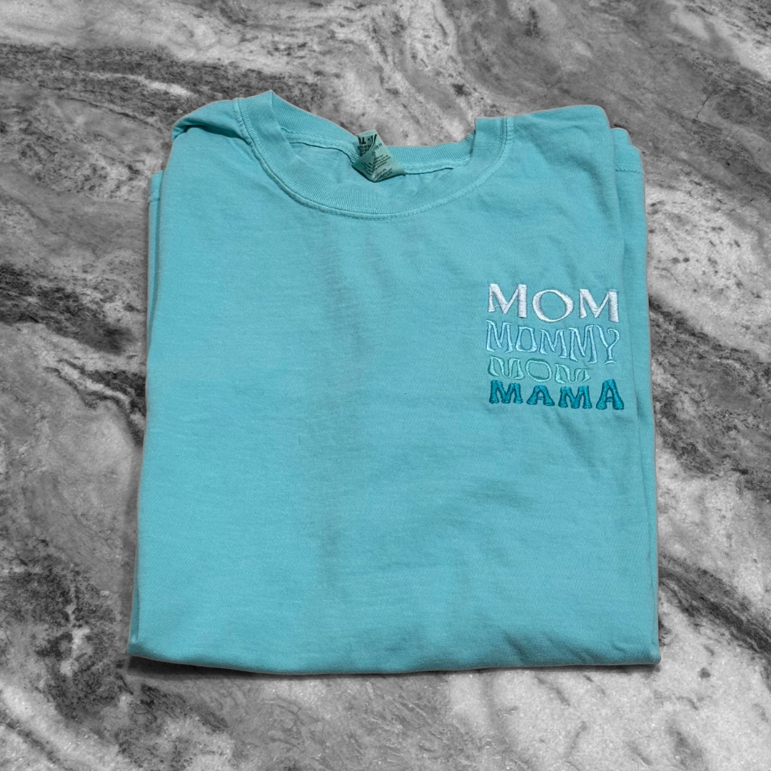 Stacked Mom Embroidered T-Shirt Aqua Blue