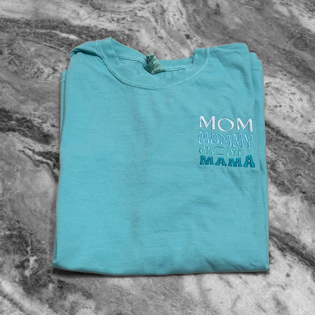 Mom Embroidered T-Shirt Aqua Blue