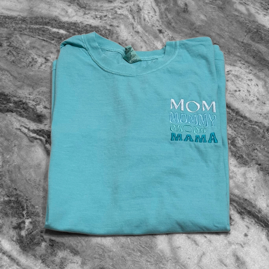 Stacked Mom Embroidered T-Shirt Aqua Blue