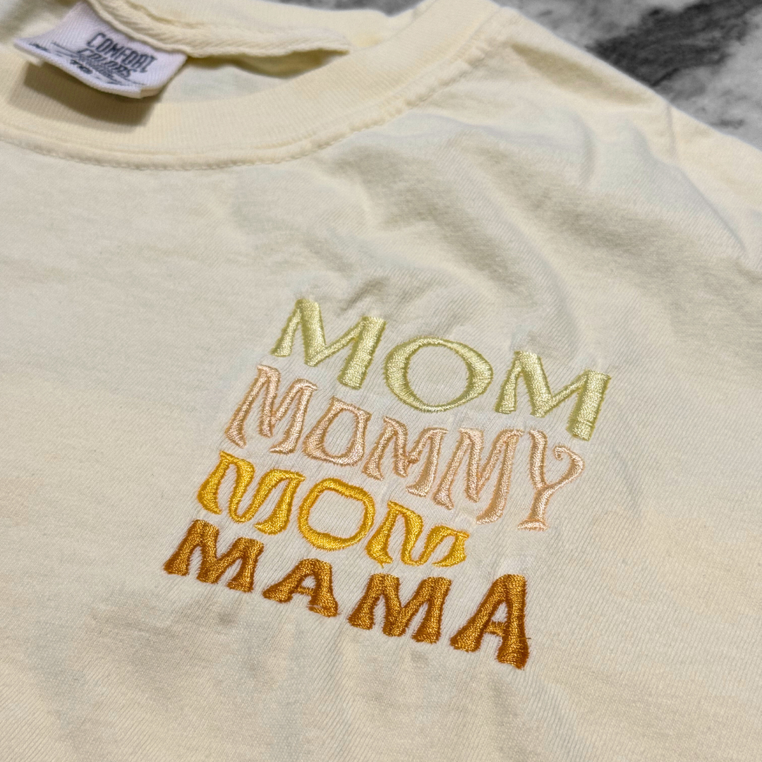 Stacked Mom Embroidered T-Shirt Soft Yellow