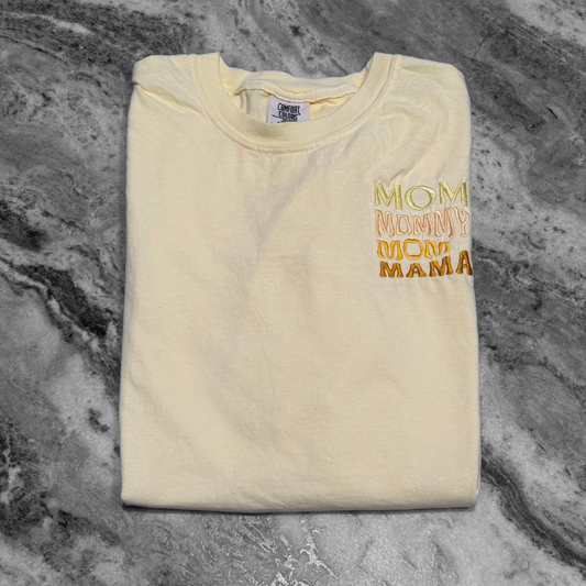 Stacked Mom Embroidered T-Shirt Soft Yellow