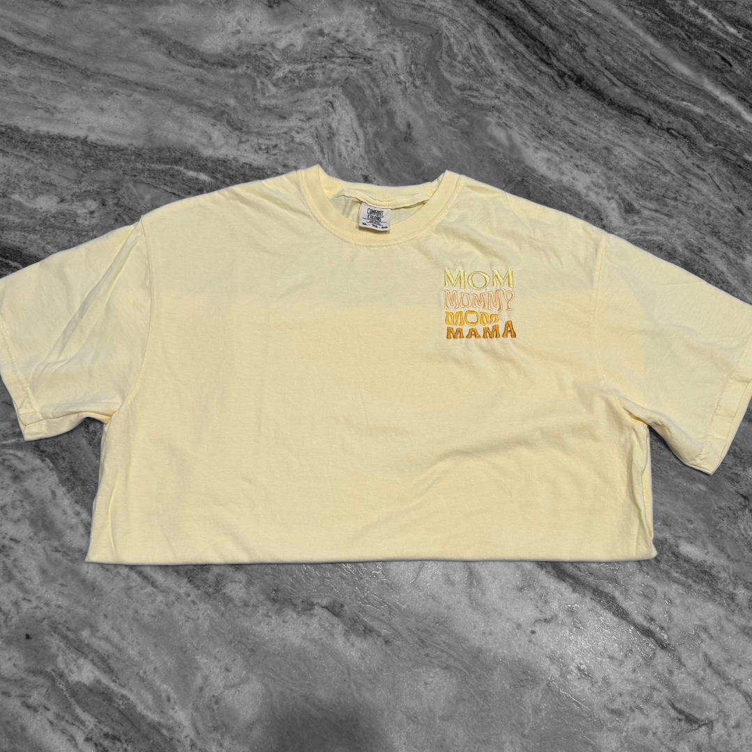 Stacked Mom Embroidered T-Shirt Soft Yellow