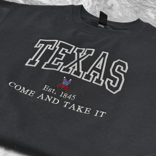 Texas Bluebonnet Charcoal Gray Embroidered Crew