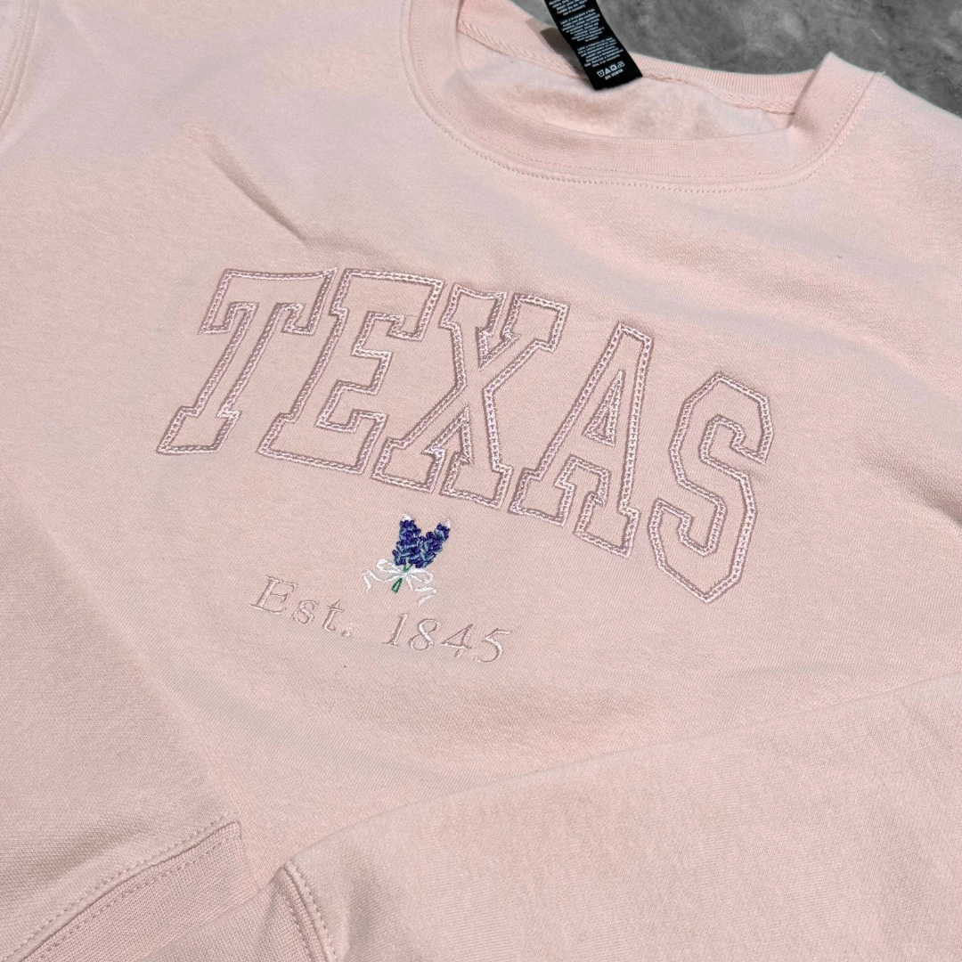 Texas Bluebonnet Blush Pink Embroidered Crew