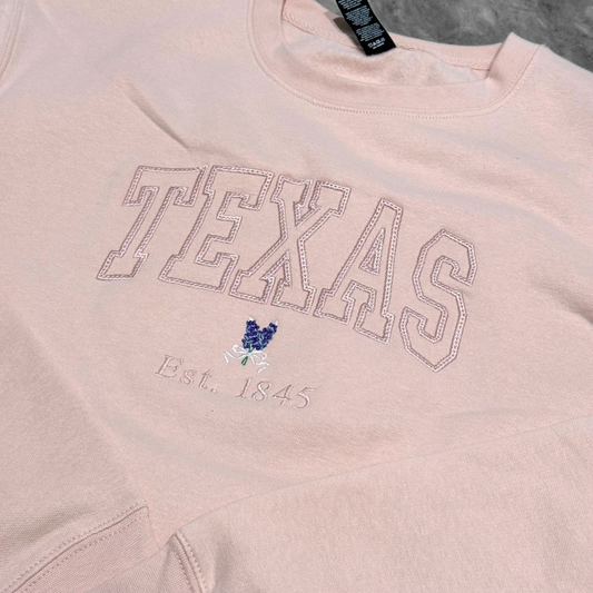 Texas Bluebonnet Blush Pink Embroidered Crew