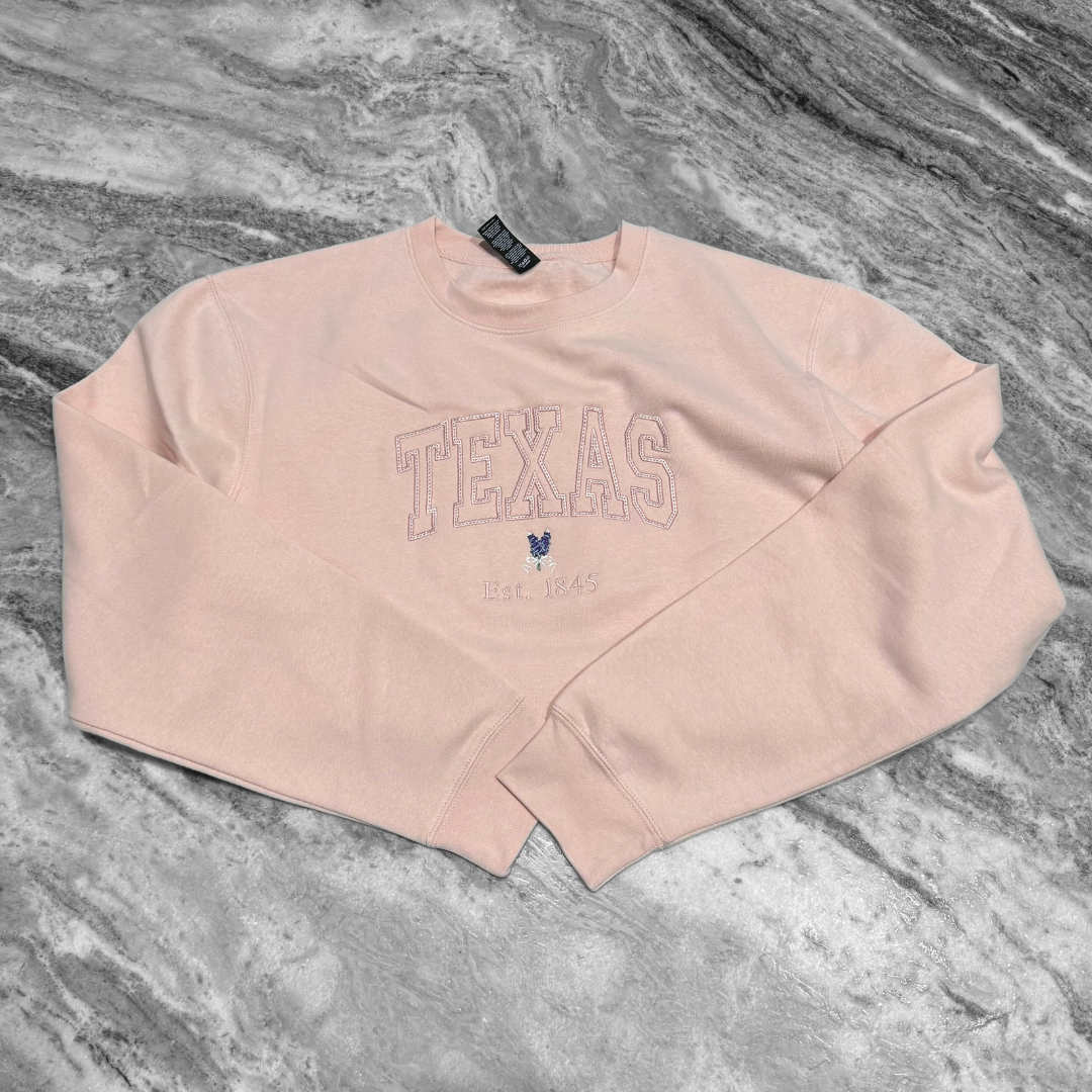 Texas Bluebonnet Blush Pink Embroidered Crew
