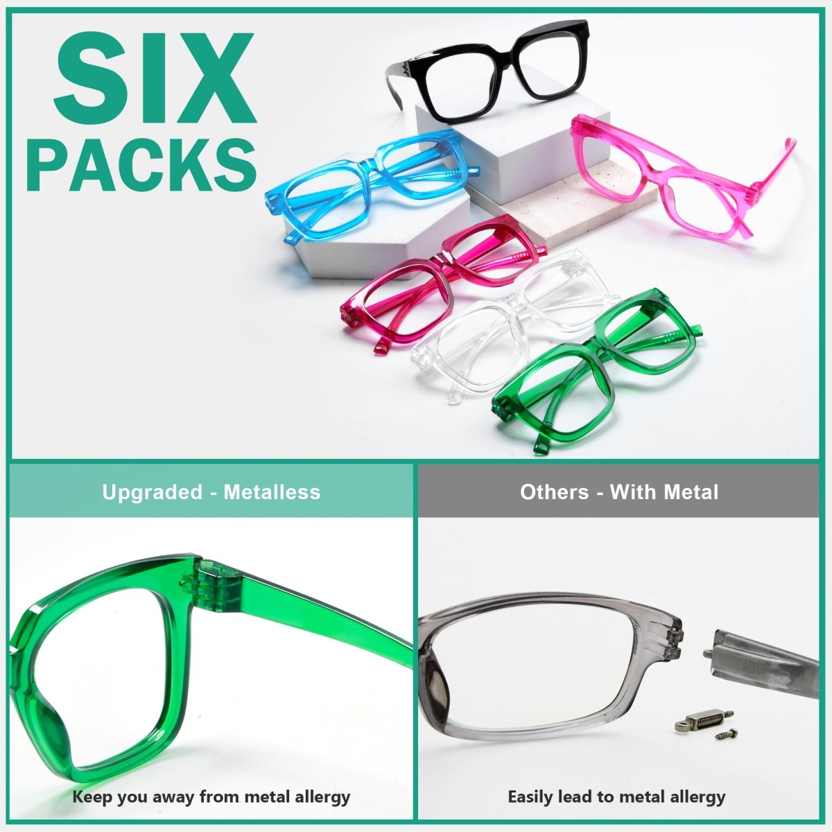 6 Pack Oversized Metalless Screwless Reading Glasses R2144