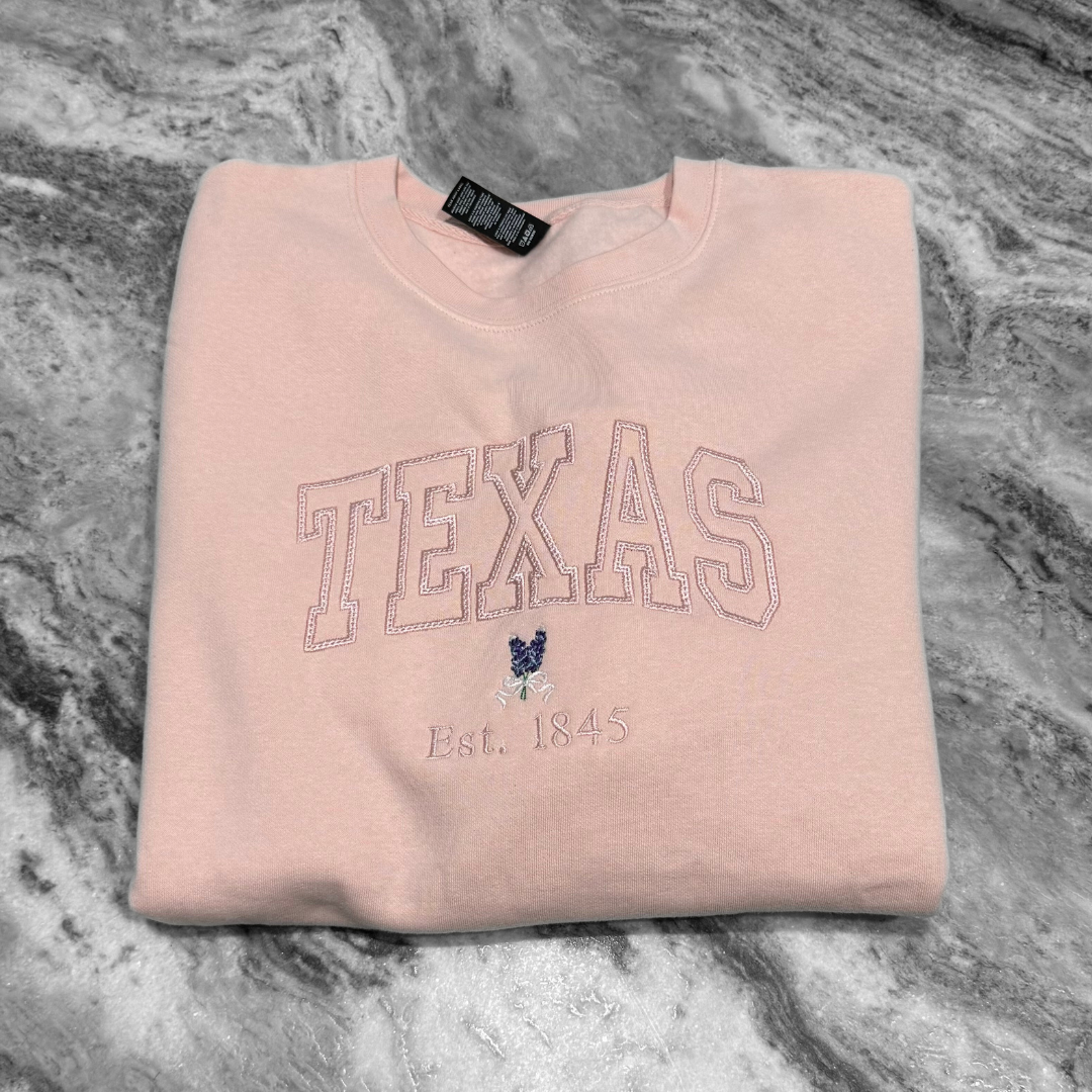 Texas Bluebonnet Blush Pink Embroidered Crew