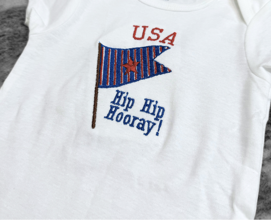 USA Hip Hip Hooray Embroidered White Infant Bodysuit