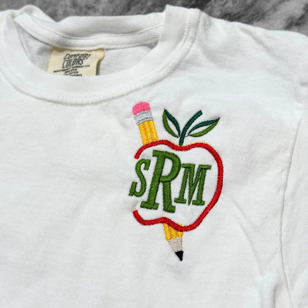 Apple + Pencil Monogram Embroidered T-Shirt White