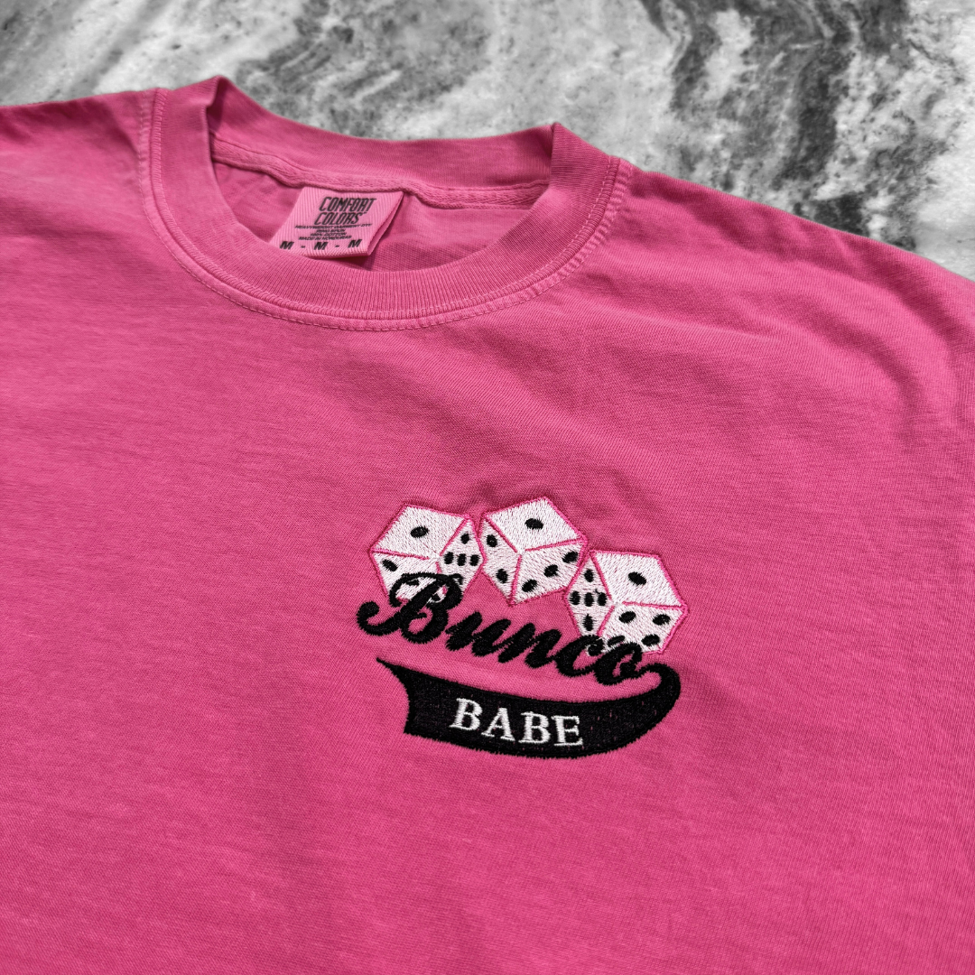 Bunco Babe Embroidered T-Shirt Crunchberry