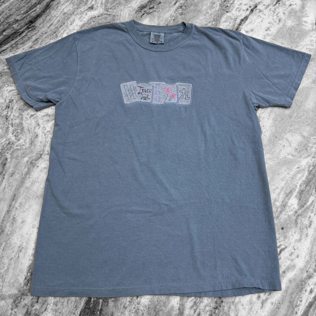 Mahjong Tiles Embroidered T-Shirt Ice Blue