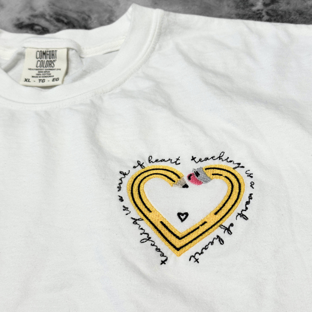 Teacher Pencil Heart Embroidered T-Shirt White