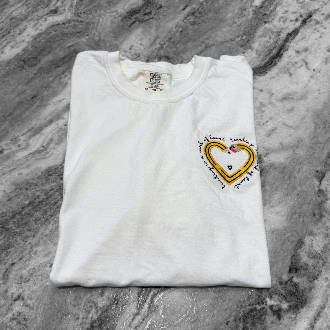Teacher Pencil Heart Embroidered T-Shirt White