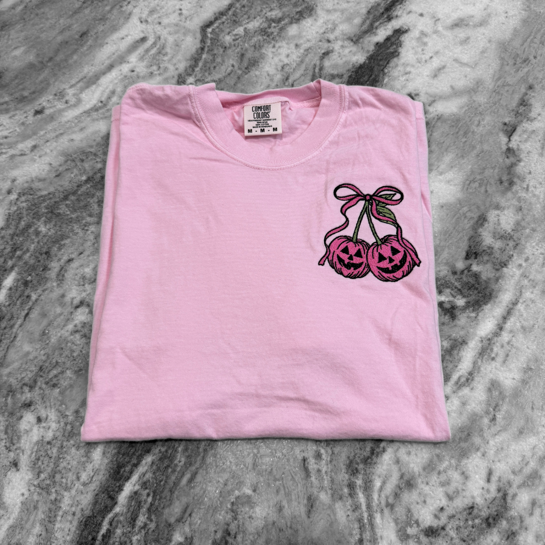 Pink Pumpkin Cherries Embroidered T-Shirt Blossom