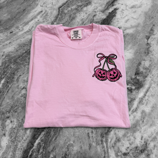 Pink Pumpkin Cherries Embroidered T-Shirt Blossom