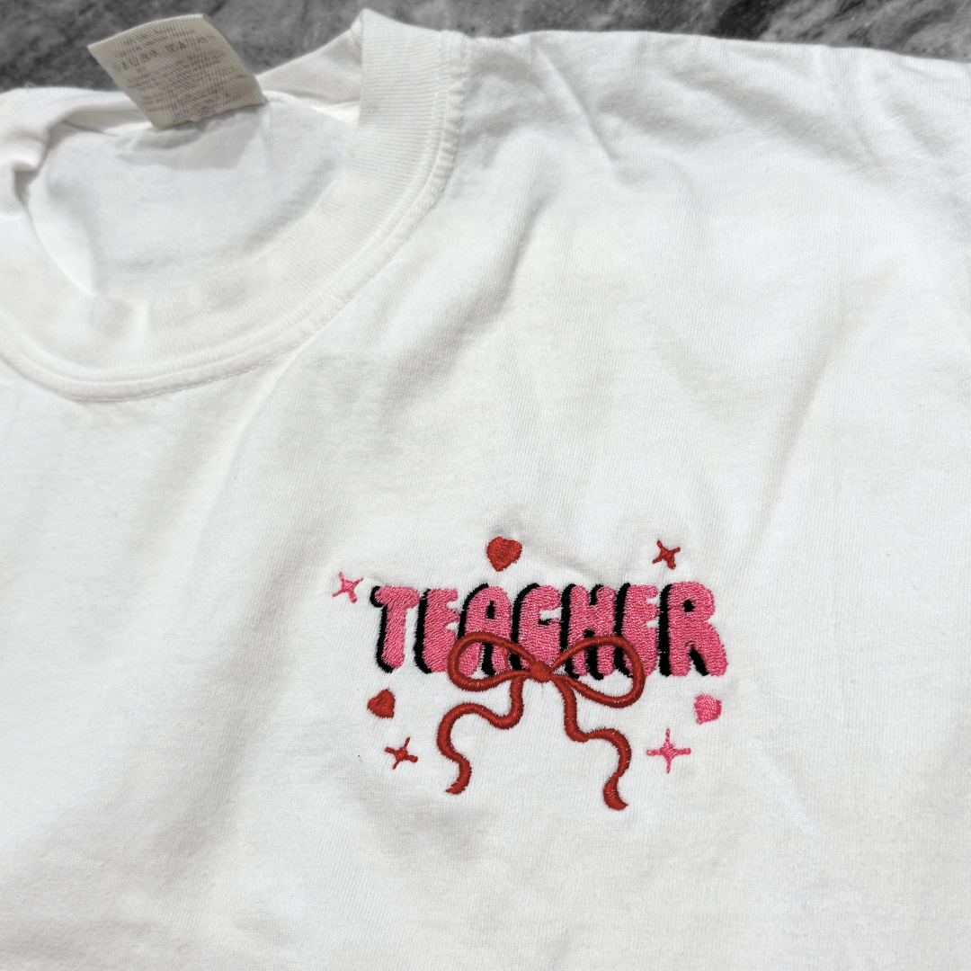Teacher Bow Embroidered T-Shirt White