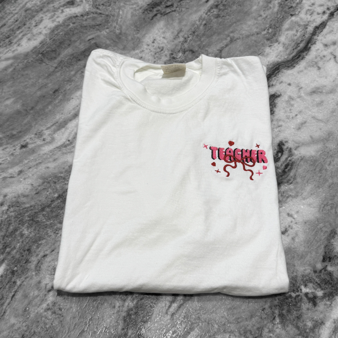 Teacher Bow Embroidered T-Shirt White