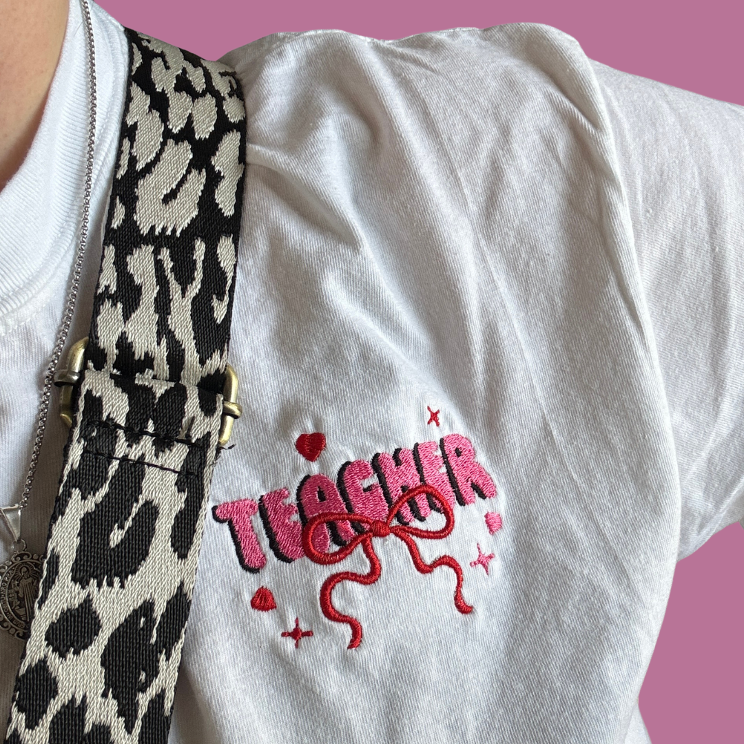 Teacher Bow Embroidered T-Shirt White