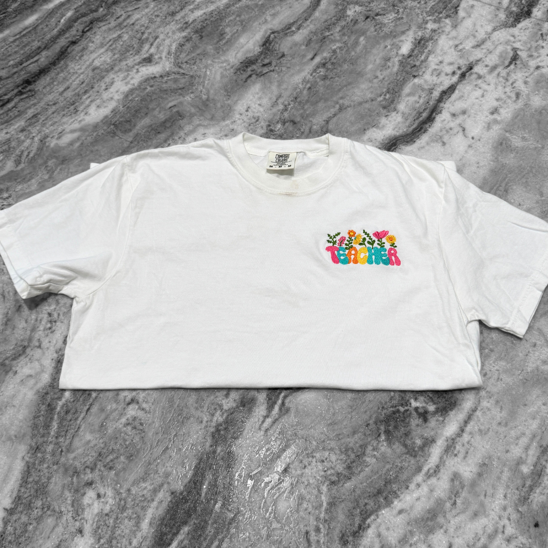 Teacher Flower Embroidered T-Shirt White
