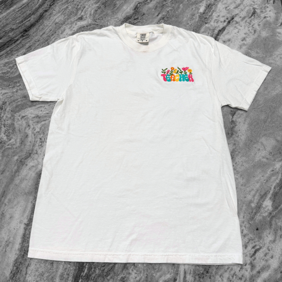 Teacher Flower Embroidered T-Shirt White