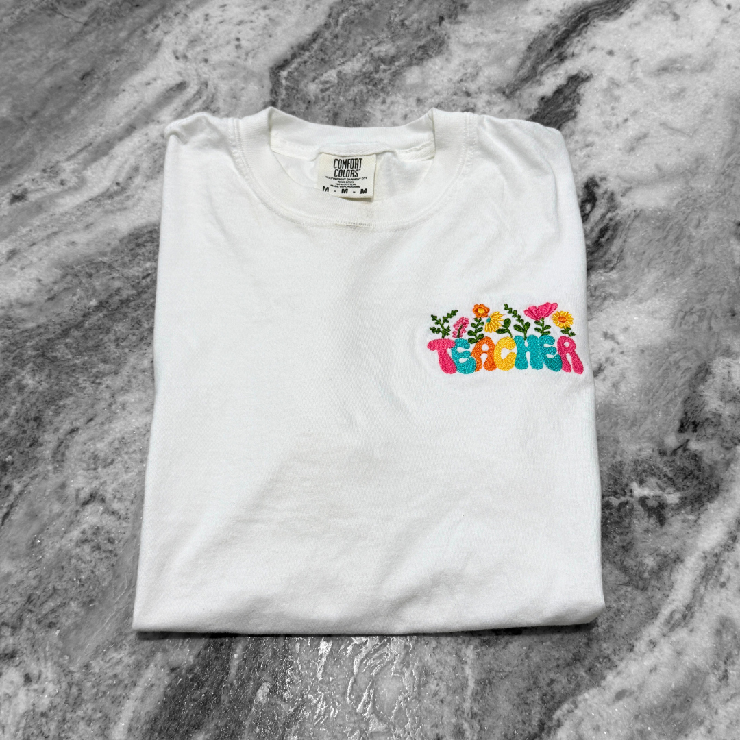 Teacher Flower Embroidered T-Shirt White