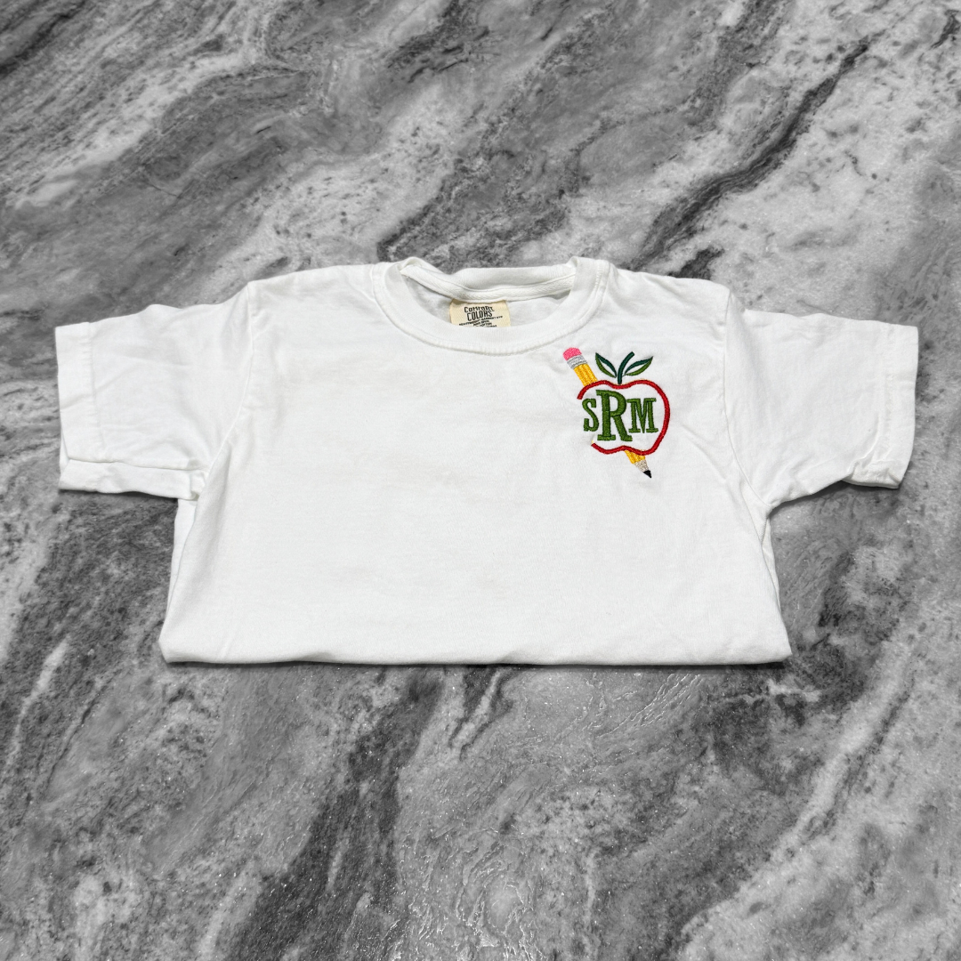 Apple + Pencil Monogram Embroidered T-Shirt White