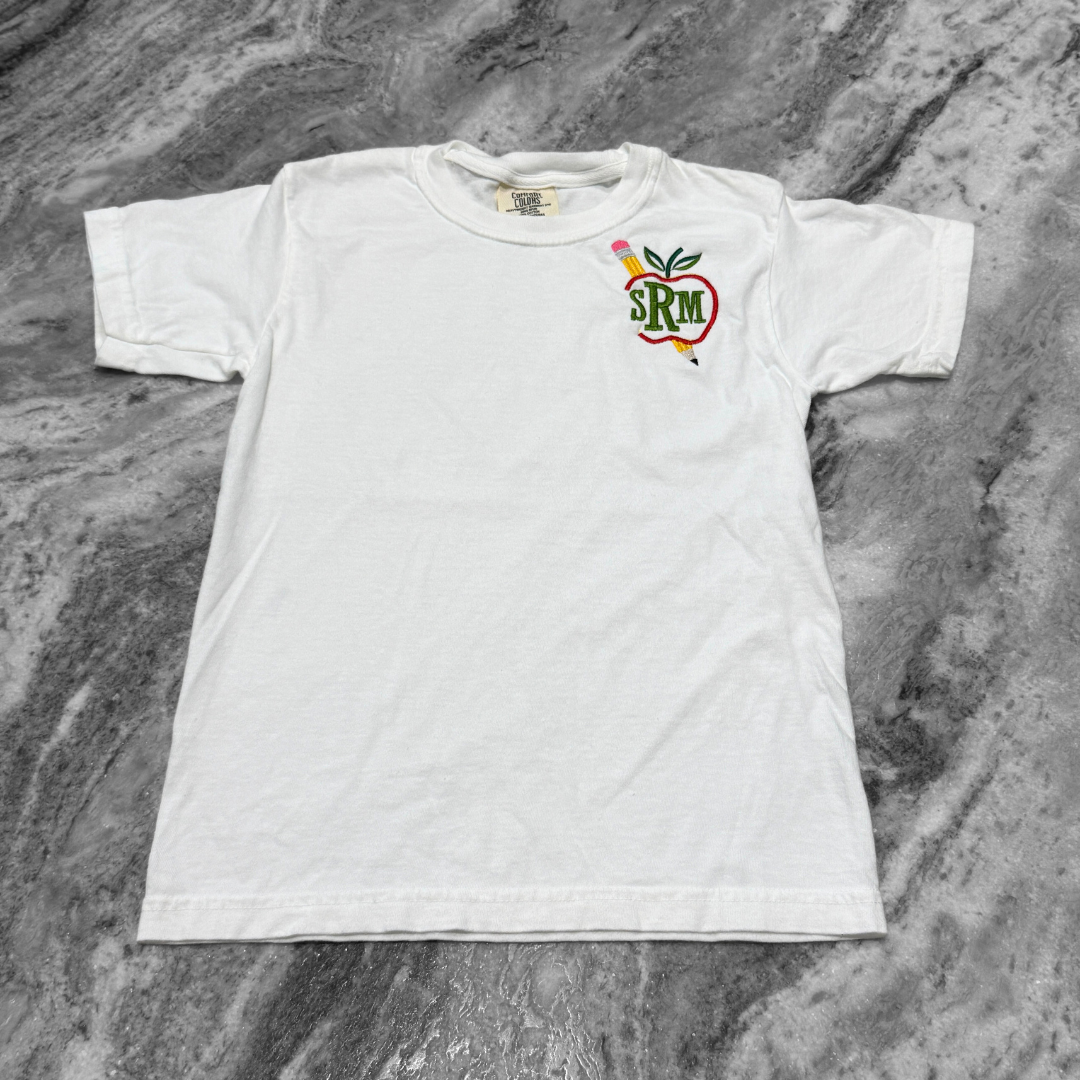 Apple + Pencil Monogram Embroidered T-Shirt White