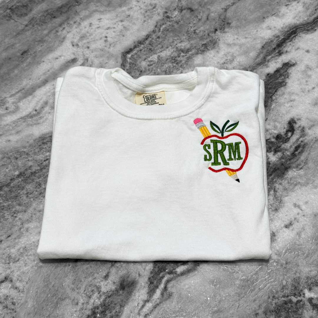 Apple + Pencil Monogram Embroidered T-Shirt White