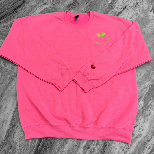 Grinchface + Sleeveheart Safety Pink Embroidered Crew