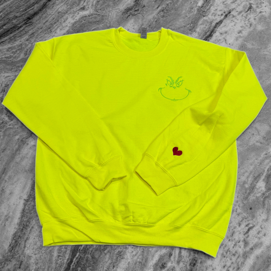 Grinchface + Sleeveheart Safety Green Embroidered Crew