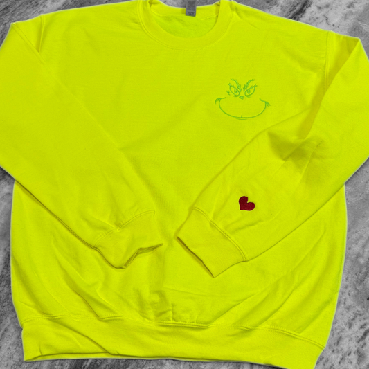 Christmas Grinch Face + Heart Sleeve Safety Green Embroidered Crewnew Sweatshirt