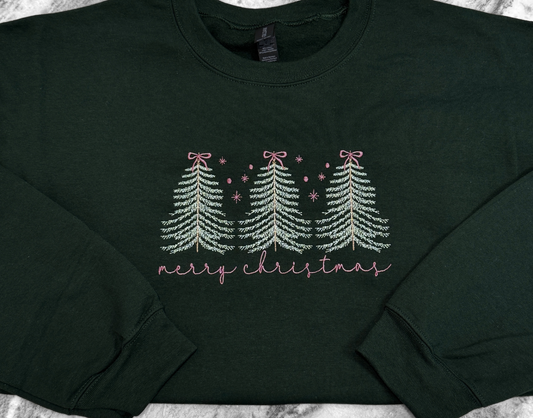 Christmas 'Merry Christmas' Trees + Bows Embroidered Crewneck Sweatshirt