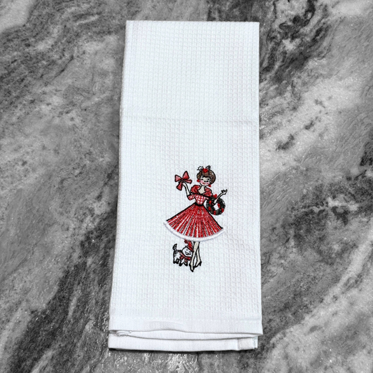 Vintage Holiday Girl Kitchen Towel (Cat)