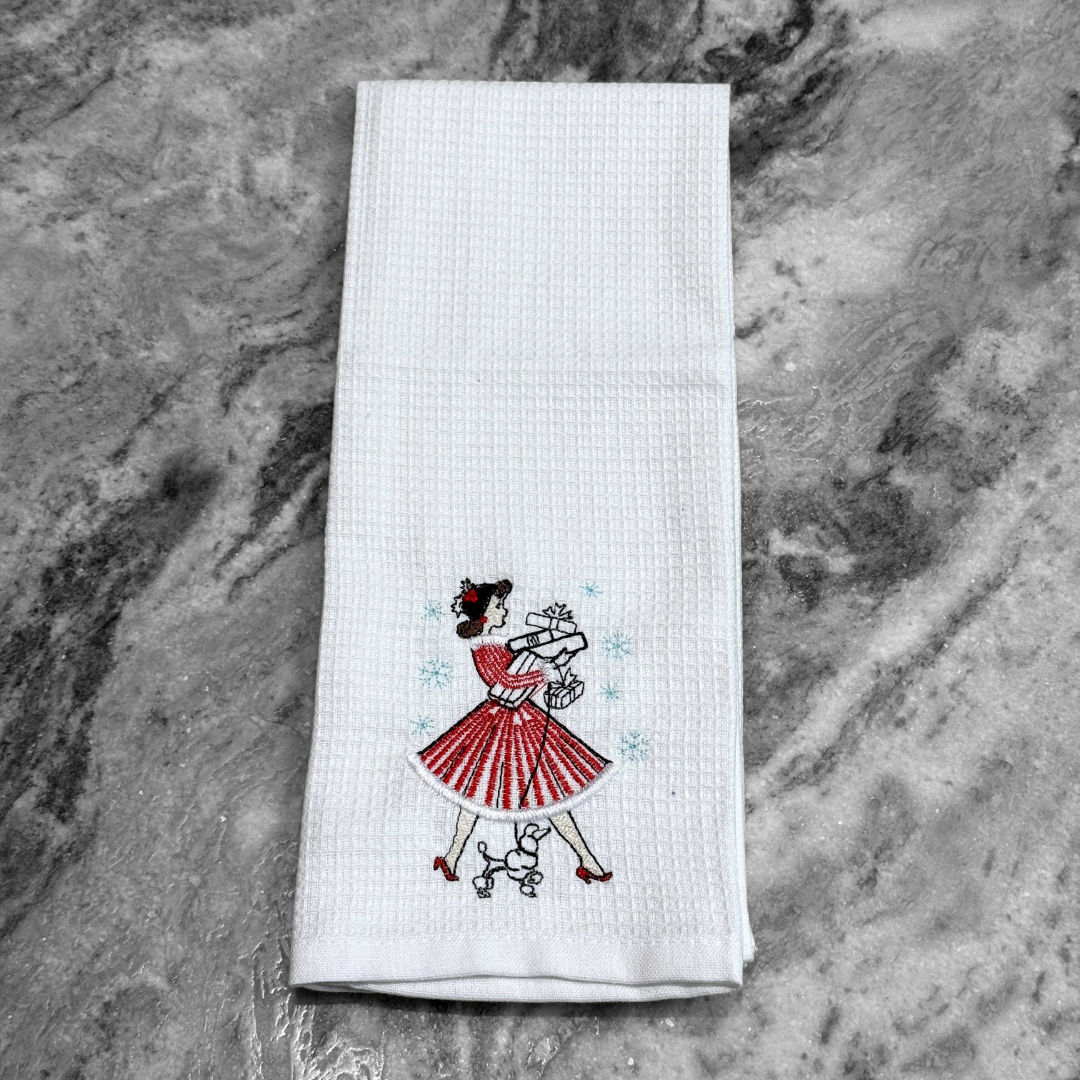 Vintage Holiday Girl Kitchen Towel (Dog)