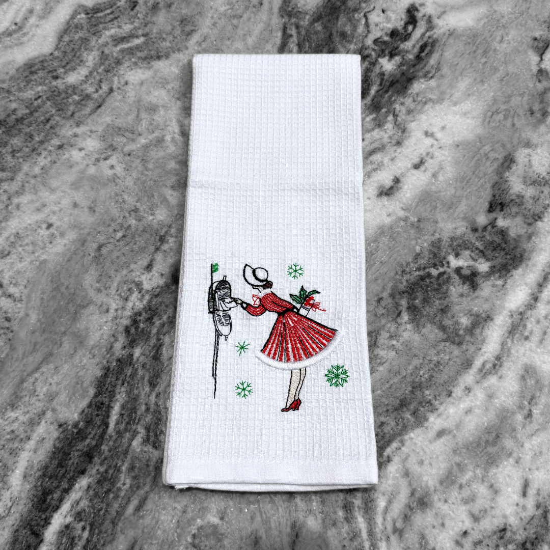 Vintage Holiday Girl Kitchen Towel (Mailbox)