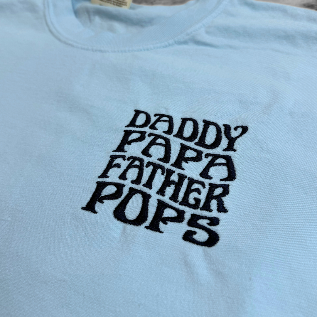 Stacked Dad Names Embroidered T-Shirt Light Blue