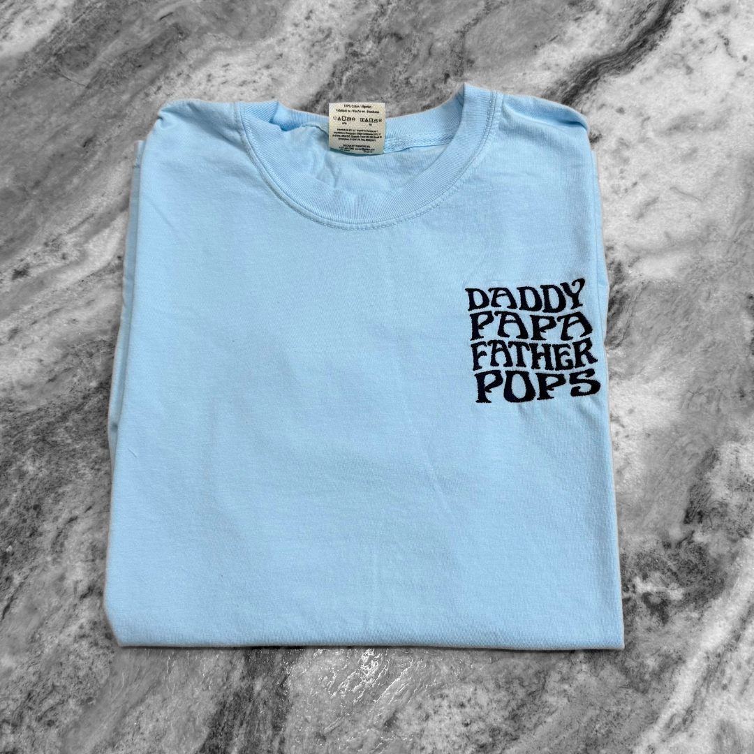 Stacked Dad Names Embroidered T-Shirt Light Blue