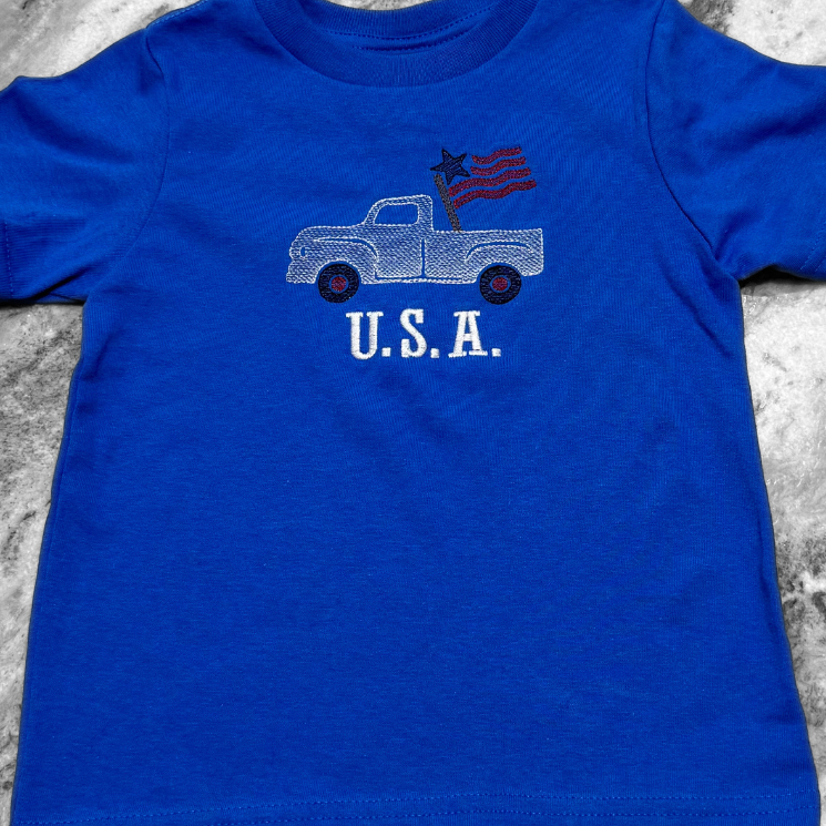 USA Patriotic Truck Kids Embroidered Tee