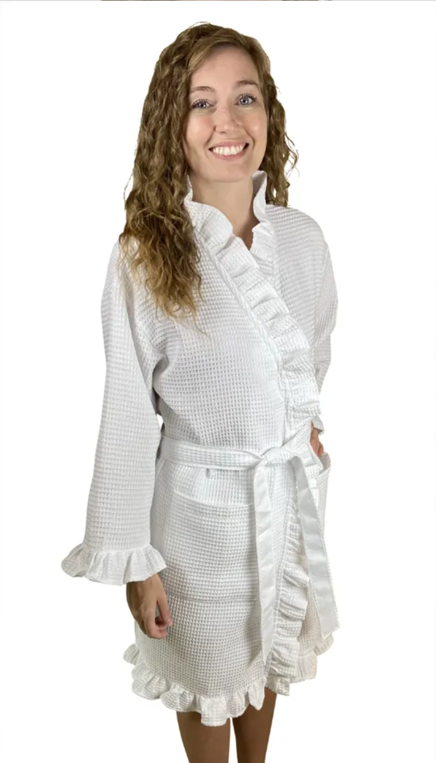 White Ruffle Waffle Kimono Spa Robe