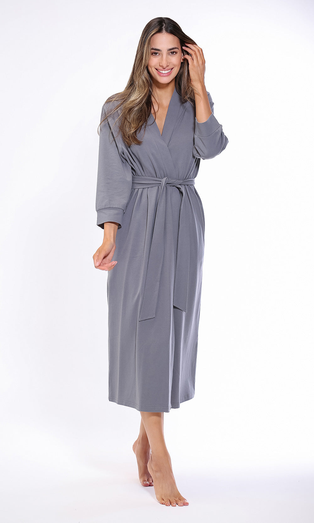 Gray Cotton Knit Kimono Spa Robe