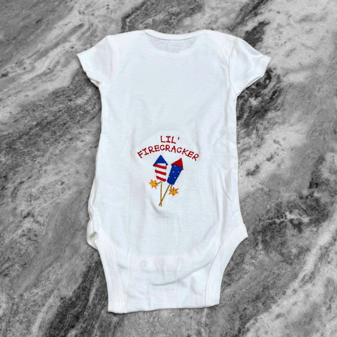 Lil' Firecracker Patriotic Embroidered White Onesie