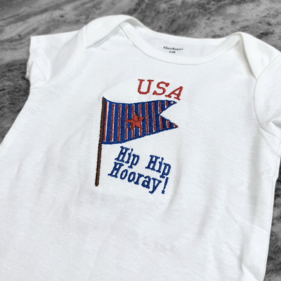 USA Hip Hip Hooray Embroidered White Onesie